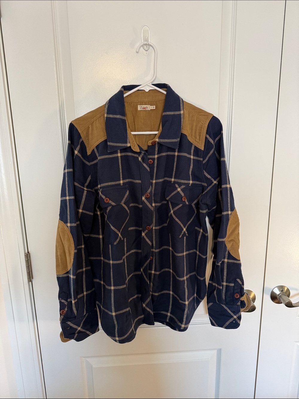 Faherty Navy Windowpane Plaid Button-Down with Tan Suede Patches